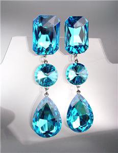 STUNNING Teal Blue Czech Crystals LONG Bridal Queen Pageant Prom Earrings