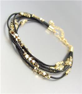 CHIC & SHIMMERY Black Leather Multi Cords Faceted Gold Beads Bracelet