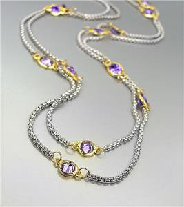 GORGEOUS Silver Box Cable Chain Purple CZ Crystals 48" Extra Long Necklace