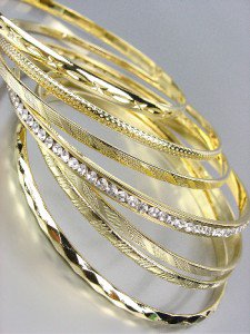 CHIC 7 PC Etched Gold Metal CZ Crystals Plus Size Wide Bangle Bracelets