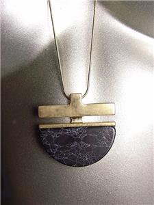 STYLISH Black Marble Stone Brass Pendant 30" Long Gold Snake Chain Necklace