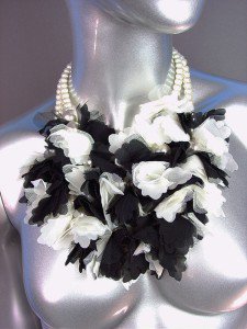 Designer Style Creme Pearls White Black Lace Floral Bridal Necklace Earrings Set