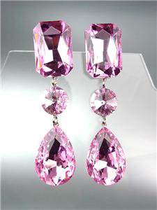 GLITZY Light Pink Czech Crystals LONG Bridal Queen Pageant Prom CLIP Earrings