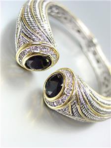 STUNNING Chunky Black Onyx Crystals Tips Silver Cable Gold Hinged Cuff Bracelet