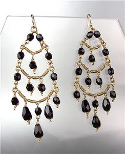 EXQUISITE Black Onyx Crystals Gold Metal Chandelier Dangle Peruvian Earrings