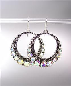 SPARKLE Antique Silver Metal Iridescent AB CZ Crystals Round Dangle Earrings