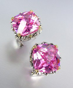 Designer Style Silver Gold Balinese Filigree Pink Quartz CZ Crystal Earrings