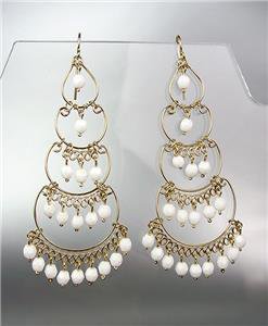 STUNNING White Crystal Beads Gold Chandelier Dangle Peruvian Earrings B46-3