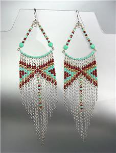 Turquoise Brown Silver Chains Bohemian Boho Gypsy Peruvian Chandelier Earrings