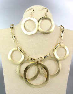 CLASSIC Gold Satin Metal Rings Chain Drape Necklace Earrings Set