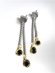 GORGEOUS Silver Box Cable Chain Gold Black Onyx Crystals Dangle Earrings
