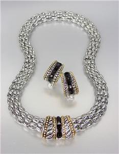 Designer Style Silver Cable Gold Black Onyx CZ Crystals Barrel Mesh Necklace Set