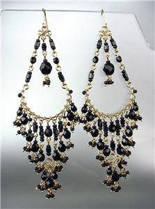 STUNNING Black Onyx Crystal Beads Gold Chandelier Dangle Peruvian Earrings 10-14