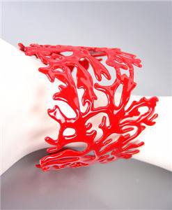 UNIQUE Red Laquer Enamel Coral Motif Metal Cuff Bracelet