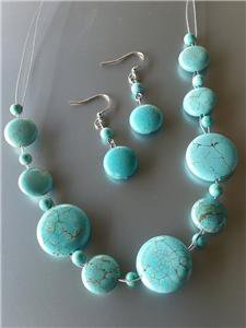 Urban Anthropologie Turquoise Stone Beads Thin Cable Wires Necklace Earrings Set