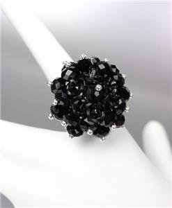 SPARKLE SHIMMER Black Crystals Floral Cluster Cocktail Stretch Ring