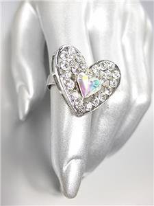SHIMMERY SPARKLE Clear AB Crystals Silver HEART Cocktail Ring