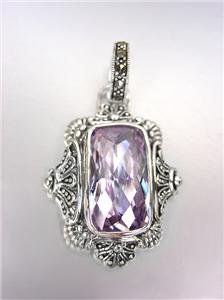 VINTAGE Victorian Sterling Silver Lavender Quartz CZ Marcasite Crystals Pendant