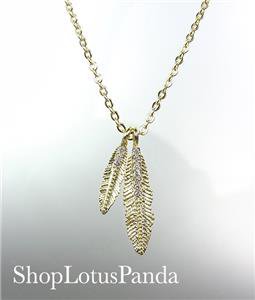 CHIC 18kt Gold Plated CZ Crystals LEAF LEAVES Pendant Petite Dainty Necklace