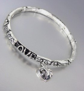 Inspirational Silver CZ Crystal Heart Charm LOVE Stretch Stackable Bracelet