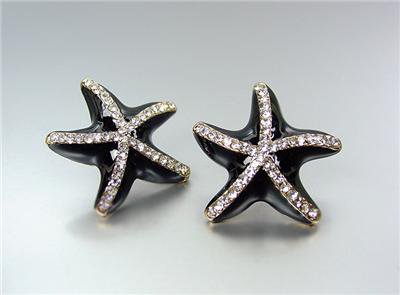 ADORABLE Sparkle Black Lacquer Enamel CZ Crystals STARFISH Earrings
