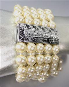 CLASSIC Designer Style Silver Cable CZ Crystals Creme Pearls Magnetic Bracelet
