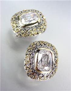 GORGEOUS Designer Style Balinese Silver Gold Clear Topaz CZ Crystal Earrings