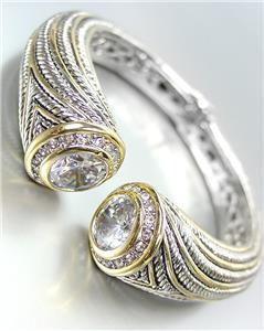 STUNNING Chunky Clear Topaz Crystals Tips Silver Cable Gold Hinged Cuff Bracelet