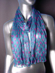 Silky Lightweight MuranoTeal Blue Fuchsia Pink Polka Dots Crinkled Gauze Scarf