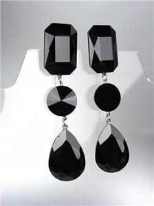 GLITZY SHIMMER Black Czech Crystals LONG Bridal Queen Pageant Prom Earrings