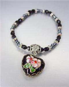 DECORATIVE Black Multi Cloisonne Enamel Heart Charm Beads Stretch Bracelet