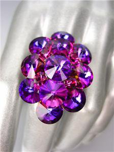 GLITZY Fuschia Purple Czech Crystals Oval Cluster Large Pageant Cocktail Ring