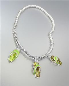 ADORABLE 3 Green Enamel Flip Flops Flipflop Charms Silver Beads Stretch Anklet