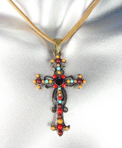 Antique Burnished Gold Garnet Crystal Beads Cross Suede Necklace Earrings Set