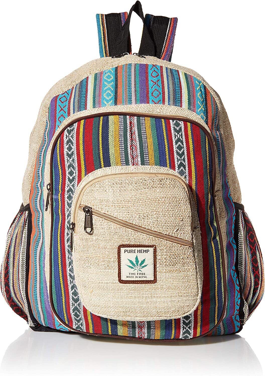 Large Organic Hemp Multi Pocket Backpack with Laptop Sleeve, Bohemian Hippie