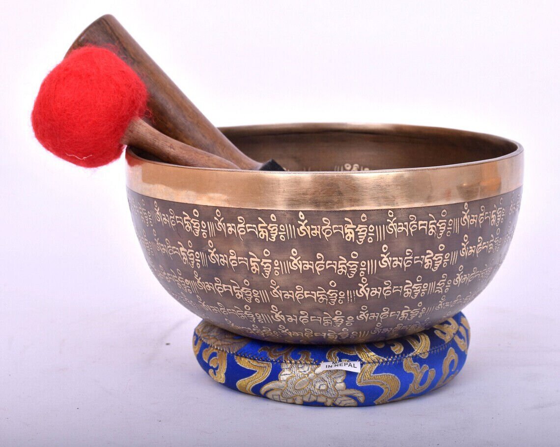 10" Om Mane Padme Hum Mantra Carved Singing Bowl for Meditation, Healing & Music