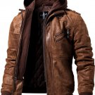 Men Brown Leather Motorcycle Jacket with Removable Hood