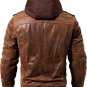 Men Brown Leather Motorcycle Jacket with Removable Hood