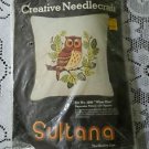 70's Sultana Wise One Owl 13" Decorative Pillow Kit Wool Crewel Yarn Fabric USA
