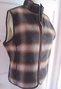 LL Bean Lumberjack Plaid Wool Faux Vegan Shearling Lined Zip Vest Womens M 0BMH9