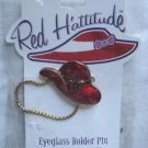 Red Hattitude Hat Society Eyeglass Holder Pin Brooch 18 kt Gold Finish Flower