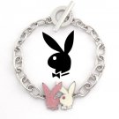 Playboy Bracelet Kissing Bunny Charm Logo Pink Platinum Plated Enamel Toggle Clasp