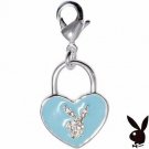 Playboy Charm Bunny Logo Heart Lock Blue Enamel Silver Plated Swarovski Crystal