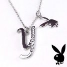 Playboy Necklace Initial Letter Y Pendant Bunny Logo Charm Crystals Platinum Plated