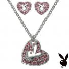 Playboy Jewelry Set Necklace Earrings Silver Pink Swarovski Crystal Heart Bunny Logo