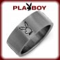 Mens Playboy Ring Stainless Steel Bunny Logo Wide Band Silver Black Size 10 Men's