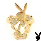 Playboy Ring Triple Bunny Logo Heart Gold Plated Swarovski Crystal Size 8