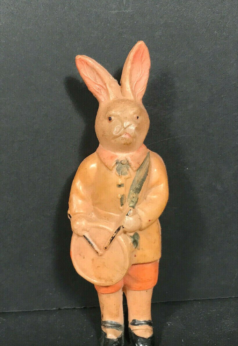 VTG Antique Celluloid Easter Bunny Rabbit drummer Toy Japan