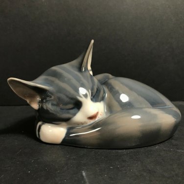 Royal Copenhagen Porcelain Cat Figure Gray Striped  Danish 20th century figurine