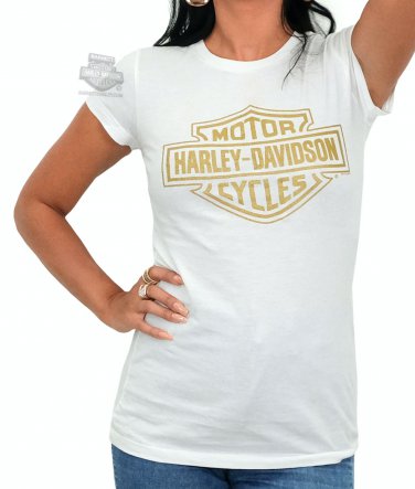 Harley-Davidson Ladies Juniors Fit Gold B&S Logo White Short Sleeve T-Shirt